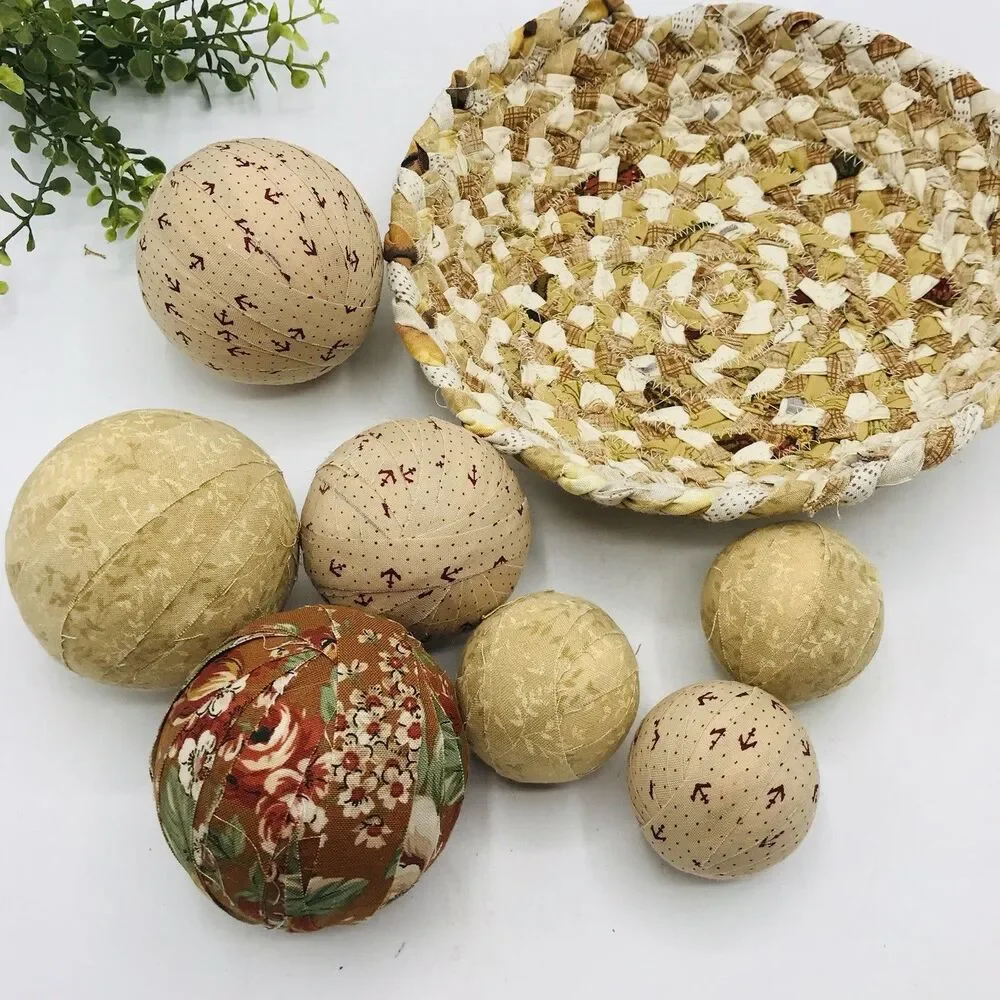 Neutral Tans Beige Cream Braided Basket with 7 Fabric Balls Handmade 9x9x2